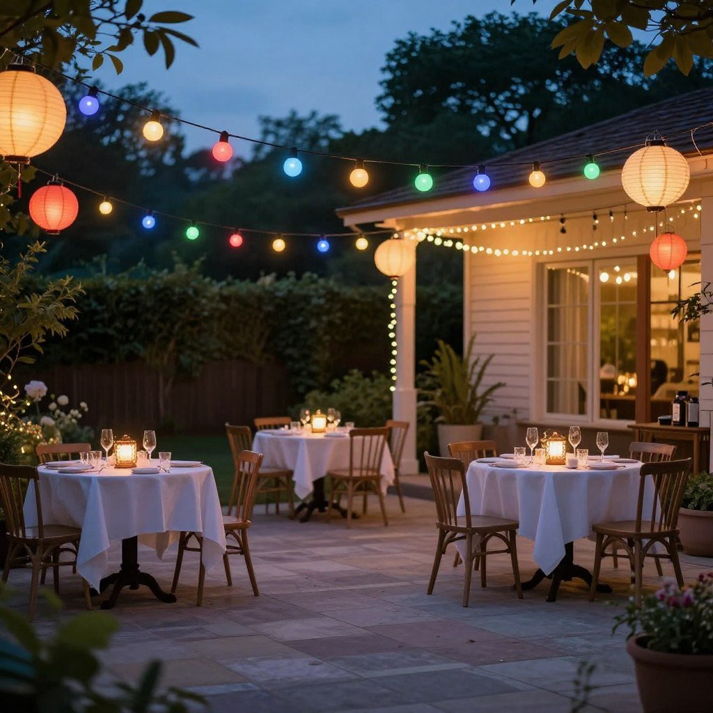 Patio lights set up for a summer birthday party