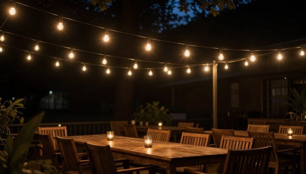 Patio string lights creating an overhead canopy effect above an outdoor dining area