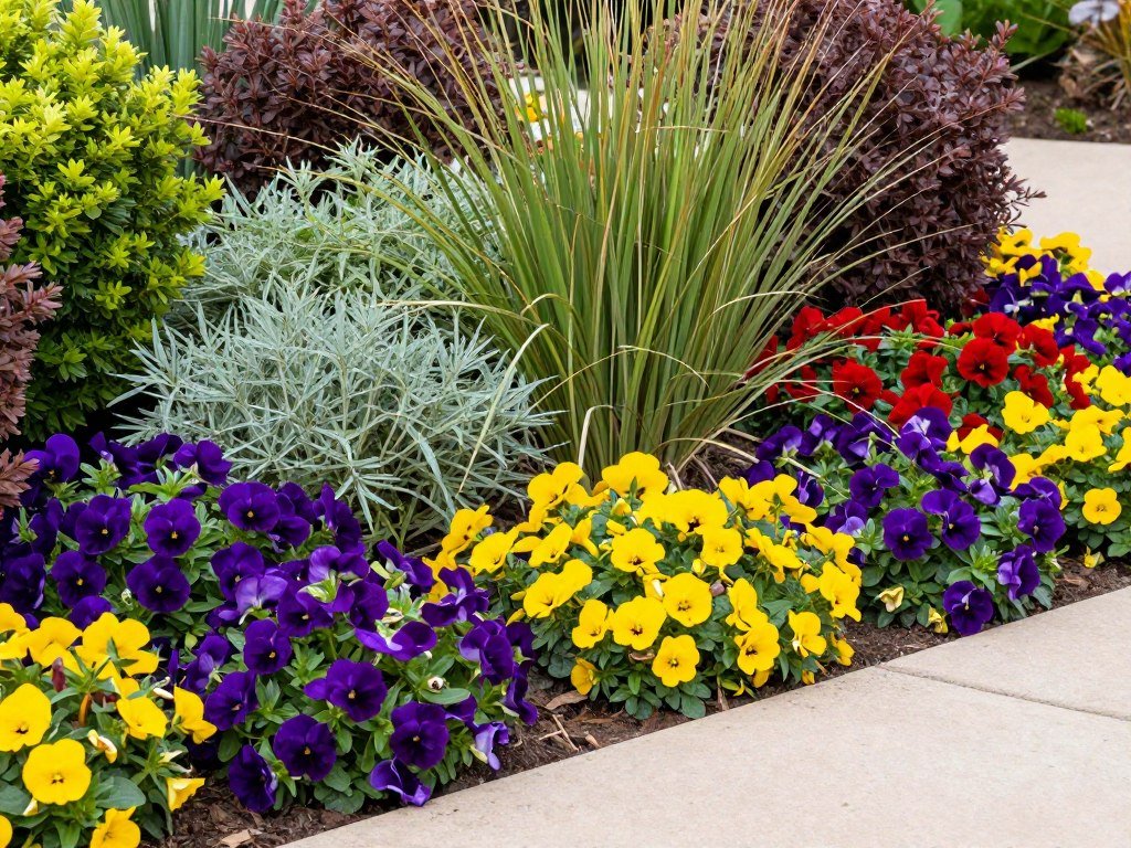 Patio surrounded by colorful perennials and textured plants