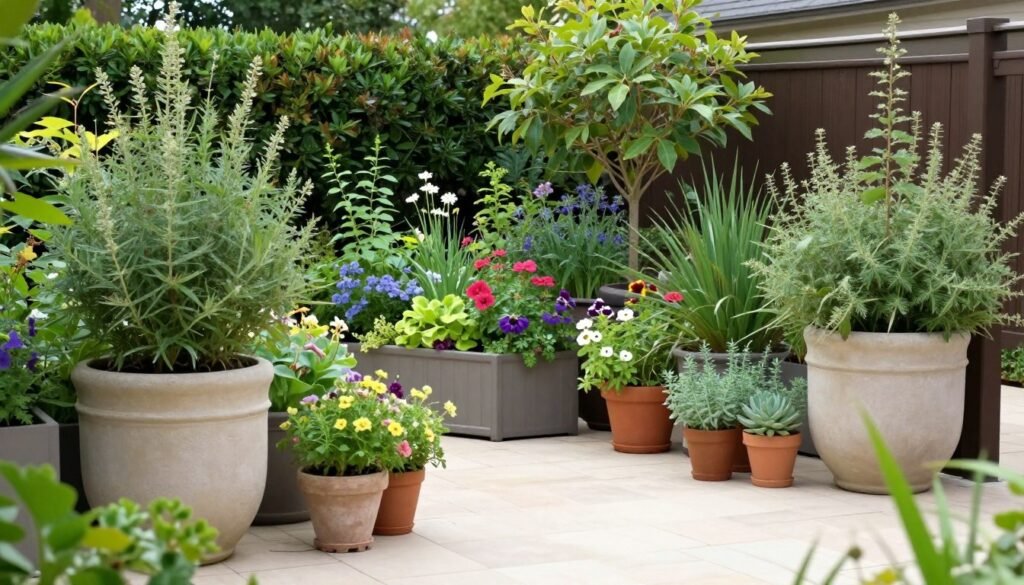 Patio surrounded by lush container gardens with various plants at different heights Patio surrounded by lush container gardens with various plants at different heights