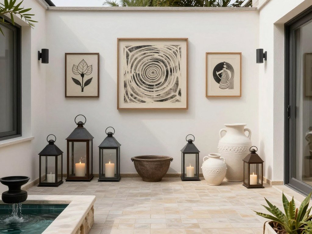 Patio with decorative lanterns, pottery, and outdoor artwork Patio with decorative lanterns, pottery, and outdoor artwork