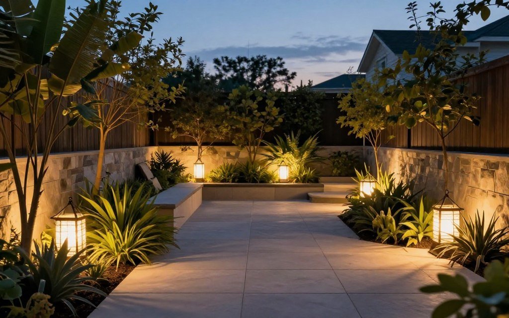 Patio with landscape lighting illuminating plants and pathways at dusk