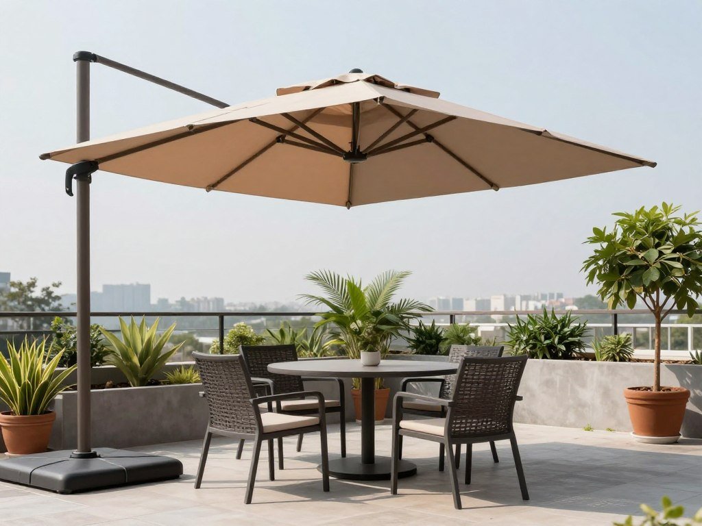 Patio with large market umbrella providing movable shade coverage