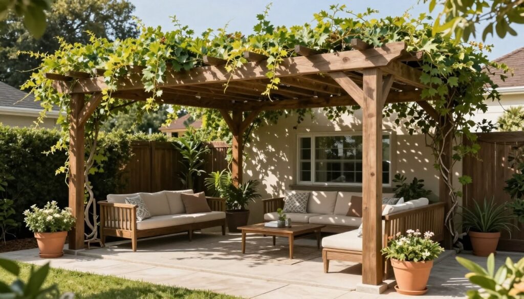 Patio with pergola covered in vines providing natural shade Patio with pergola covered in vines providing natural shade