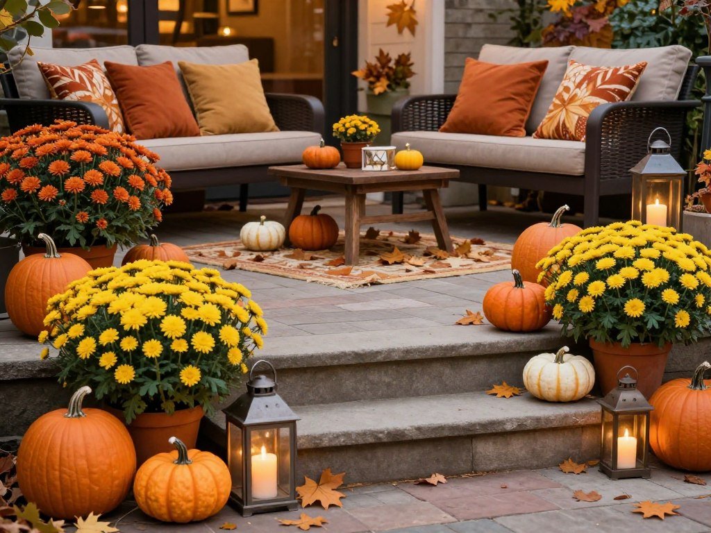 Patio with seasonal decorations including potted mums, pumpkins, and autumn-colored throw pillows