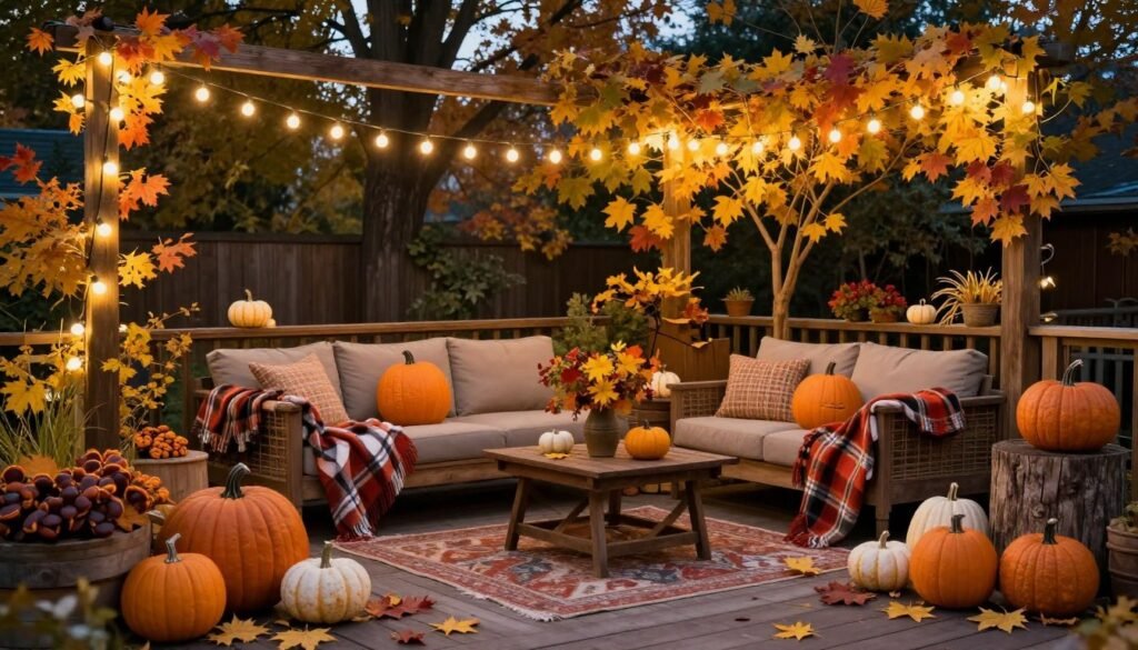 Patio with string lights and seasonal autumn decorations