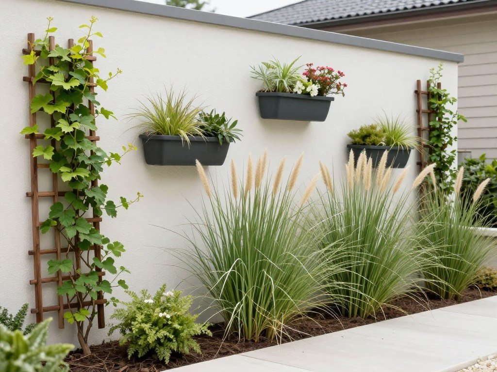 Patio with vertical gardening elements like trellises, climbing plants, and wall planters