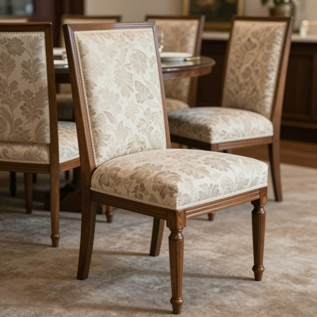 Patterned upholstered dining chairs with floral motifs