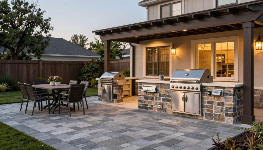 Paver patio designed as outdoor kitchen and dining area with built-in grill