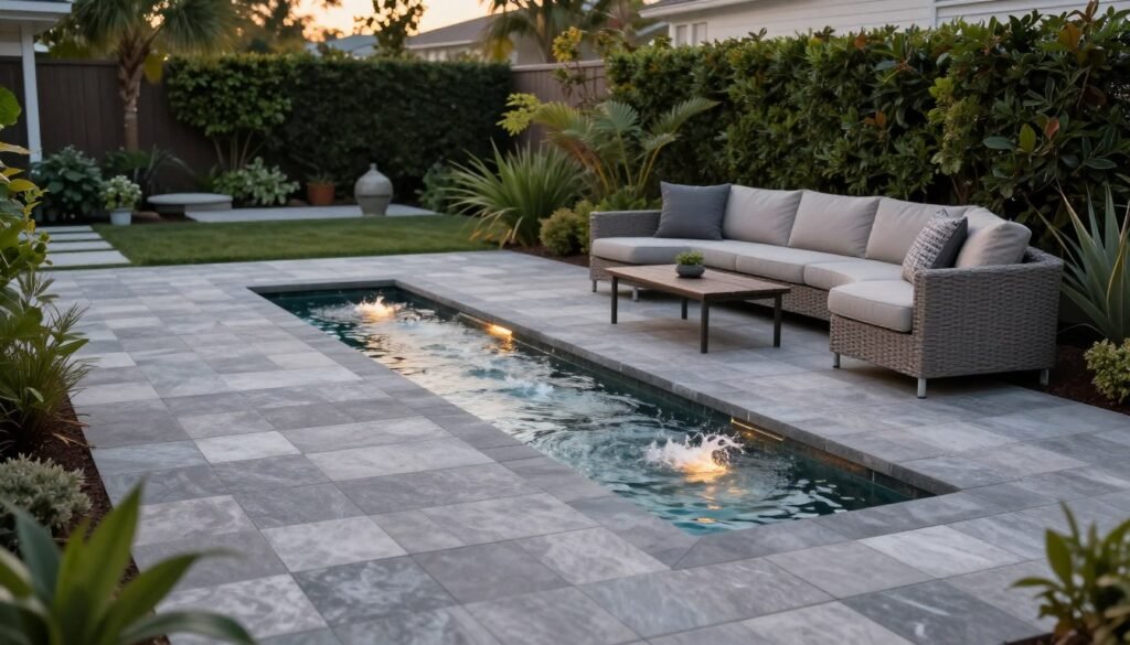 Paver patio with integrated water feature creating a tranquil atmosphere