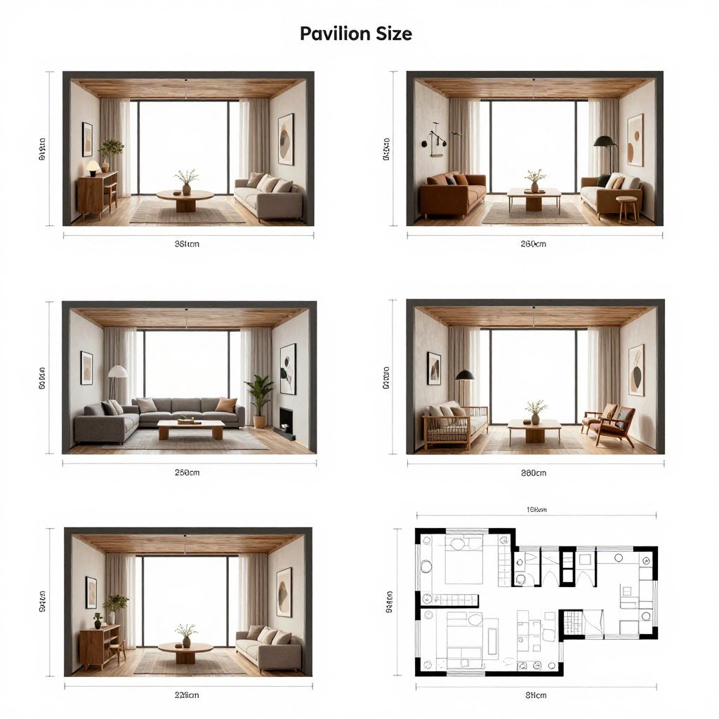 Pavilion size comparison showing different dimensions and capacities