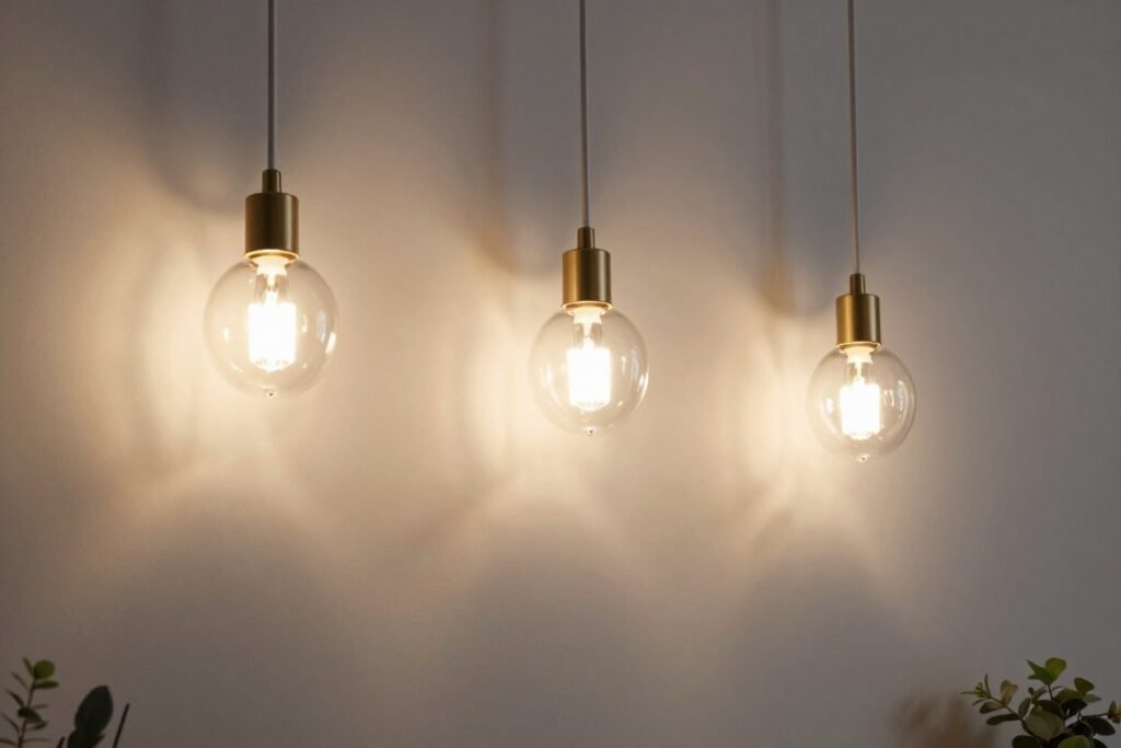Pendant lights hanging above bathroom vanity mirror