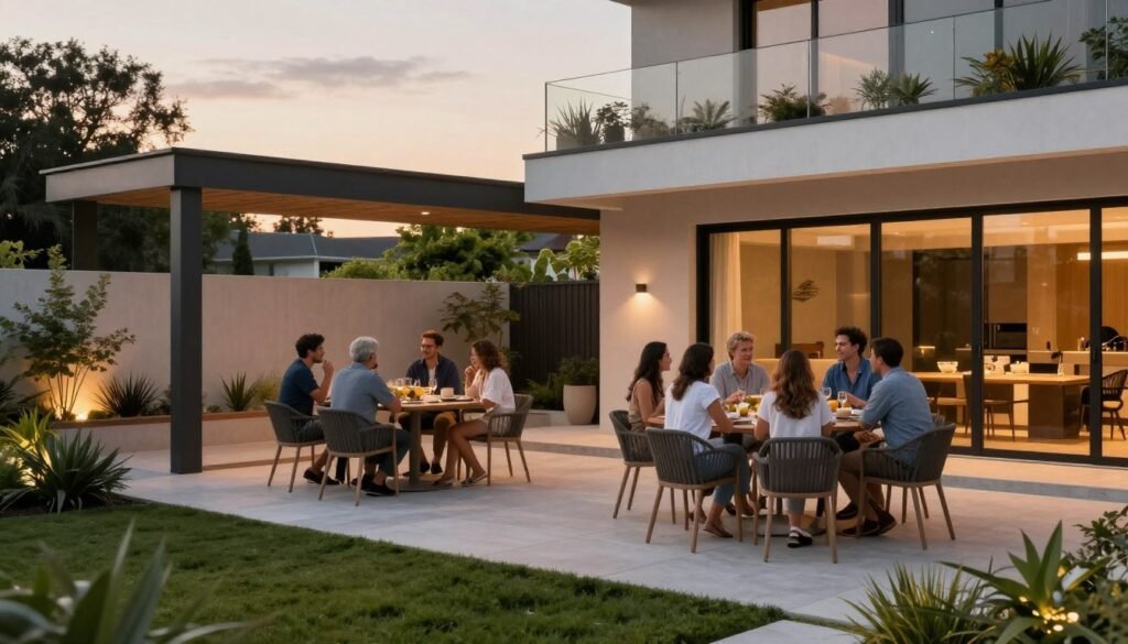 People enjoying a beautifully designed modern backyard landscape at sunset