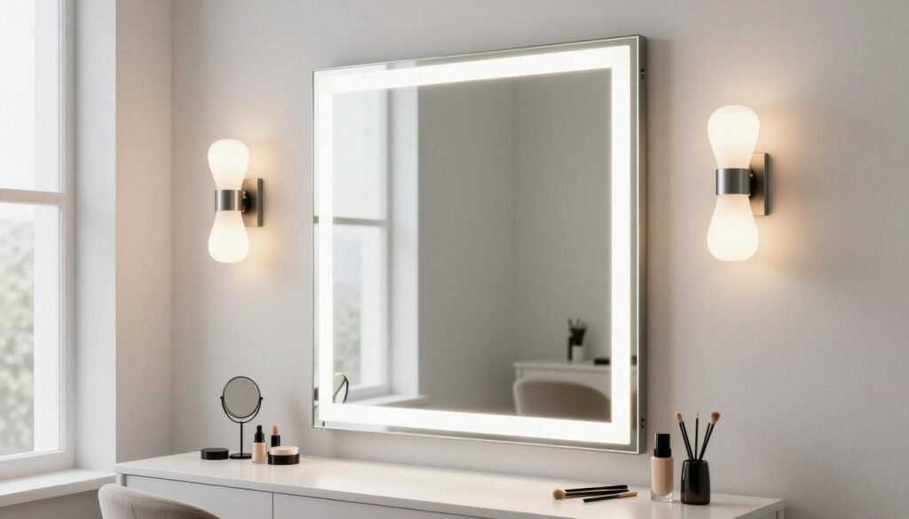 Perfectly lit vanity area with multiple lighting sources for flawless makeup application