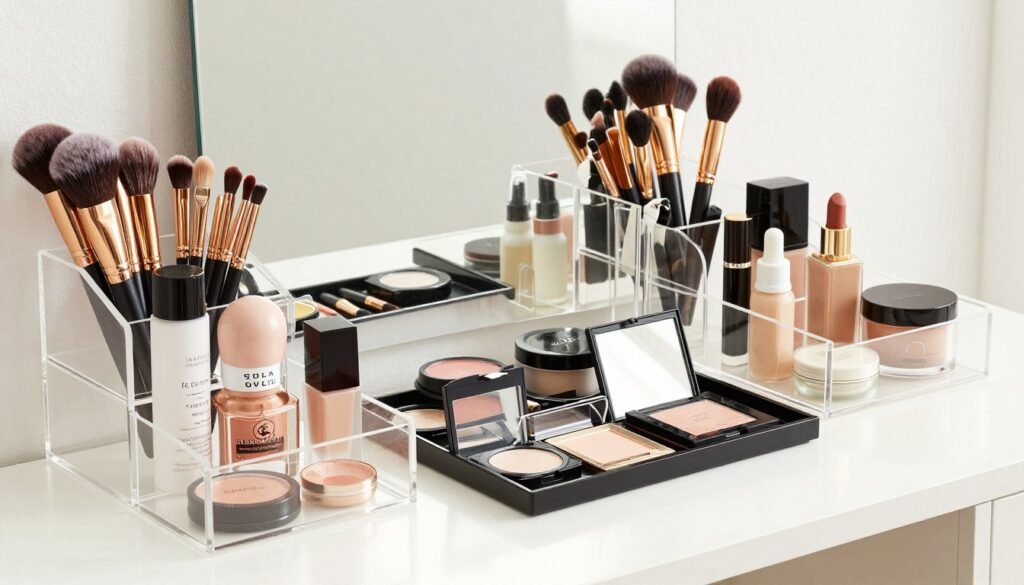 Perfectly organized makeup vanity with acrylic organizers and drawer dividers