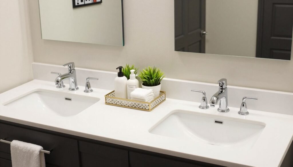 Perfectly styled double vanity with decorative accessories and functional elements