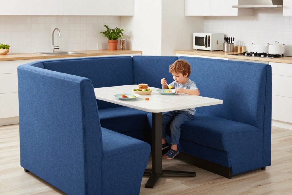 Performance fabric dining booth in a family kitchen