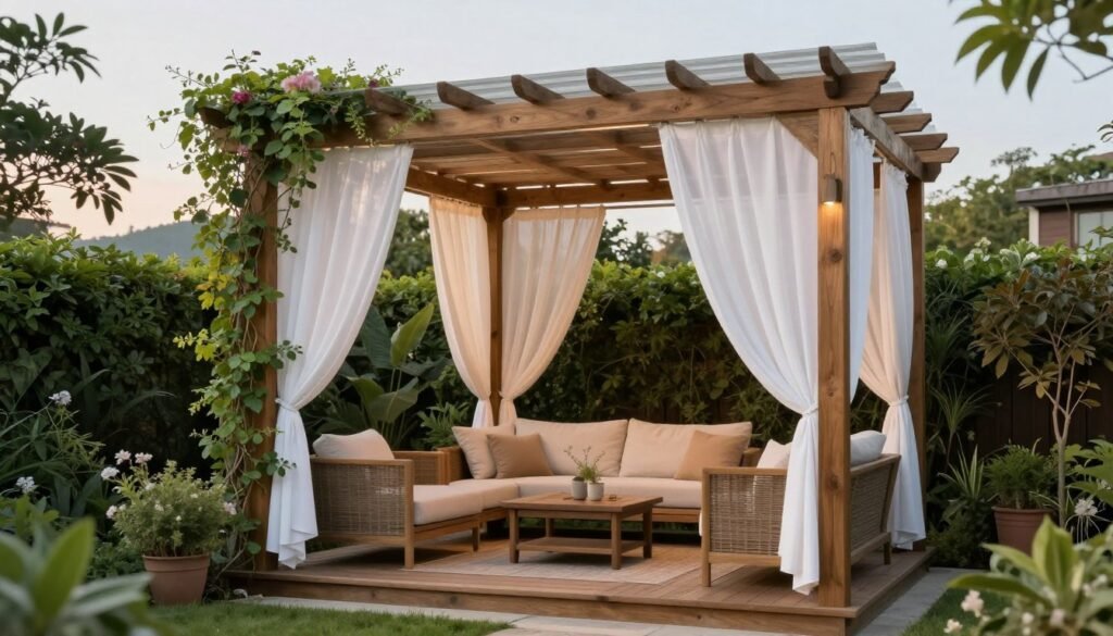 Pergola with outdoor curtains and climbing plants creating a private patio space Pergola with outdoor curtains and climbing plants creating a private patio space