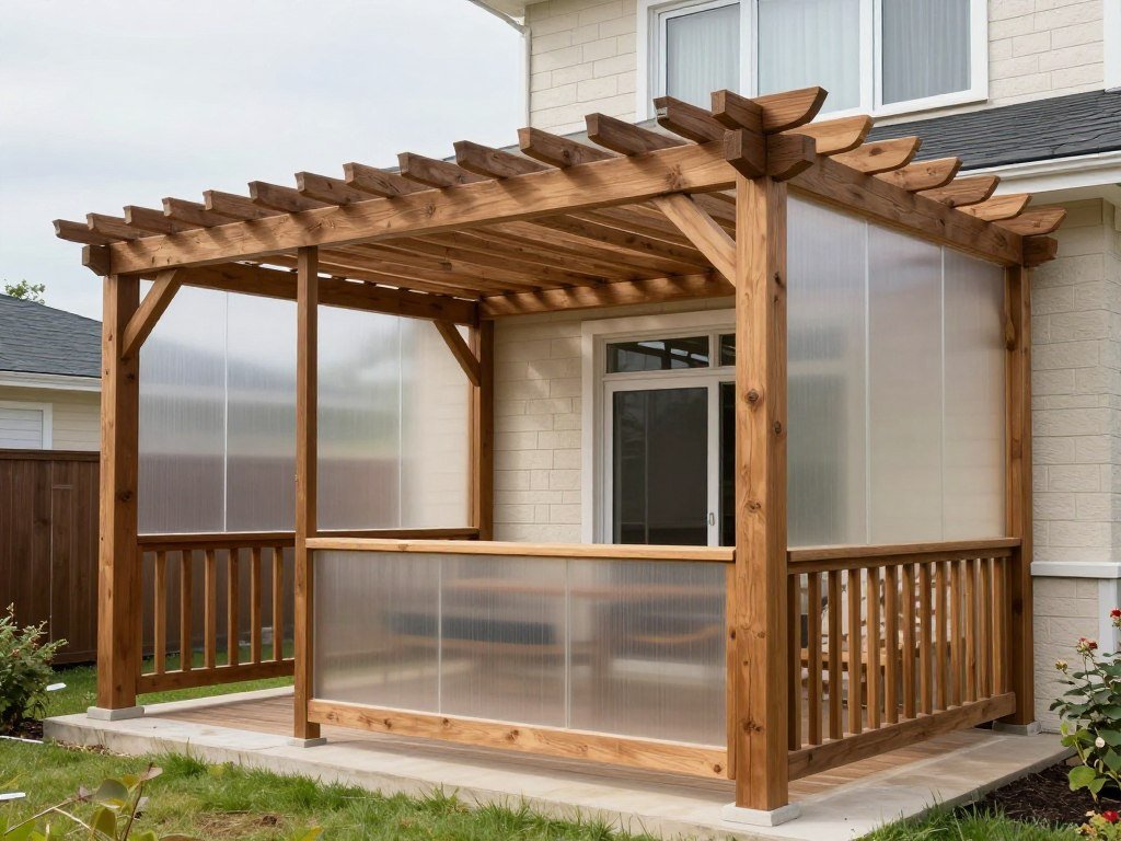 Pergola with panels attached to house for adjustable coverage