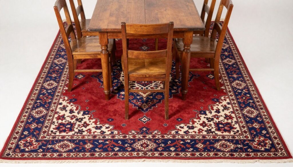 Persian rug under vintage dining table and chairs