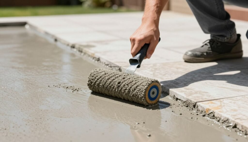 Person applying concrete sealer to protect patio surface