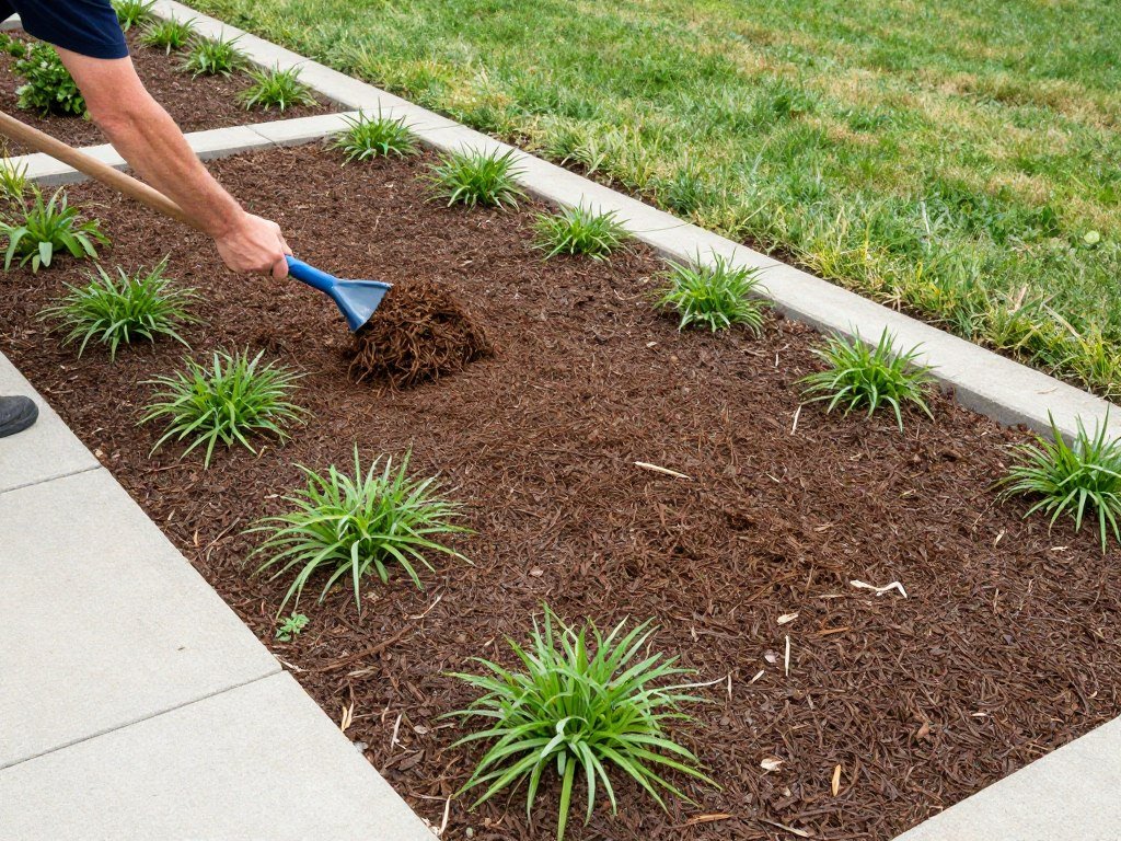 Person applying fresh mulch to a simple front yard garden bed
