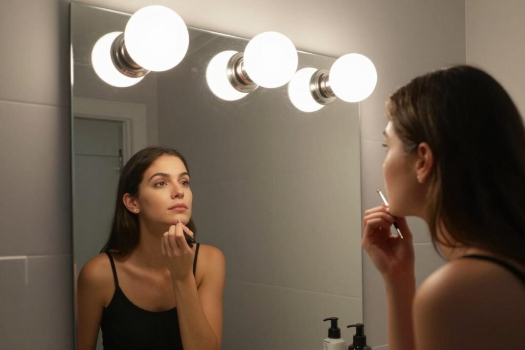 Person applying makeup in evenly lit bathroom with over-mirror lighting