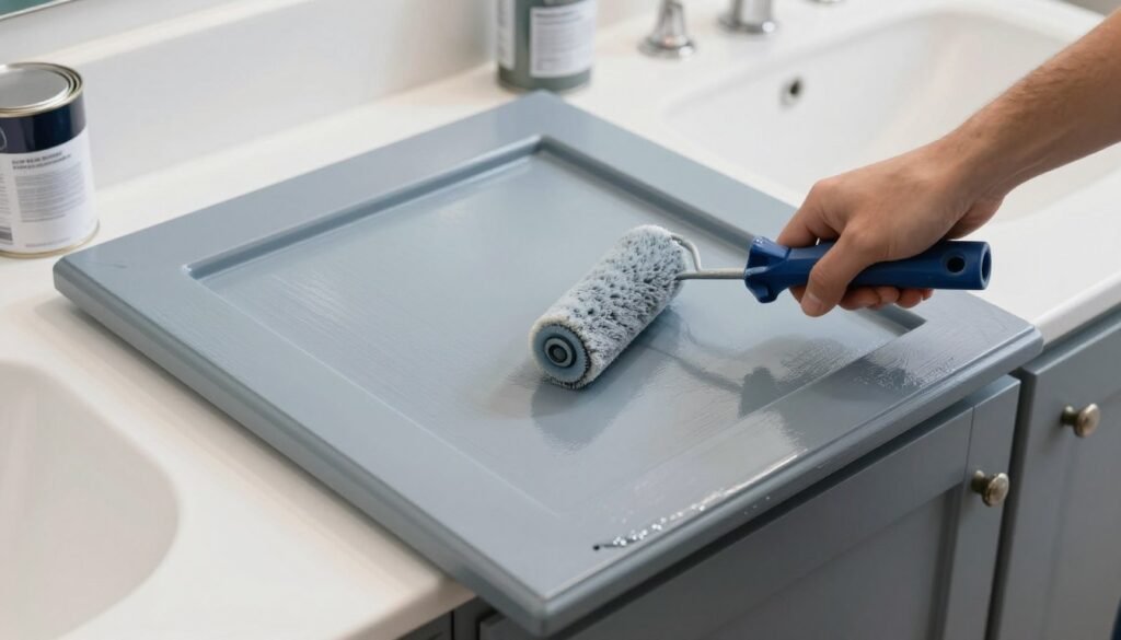 Person applying paint to a bathroom vanity with a small roller for a smooth finish