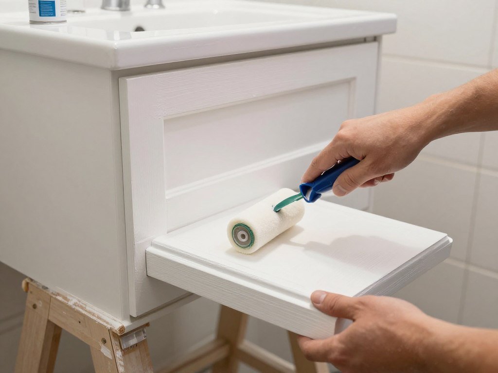 Person applying primer to a bathroom vanity cabinet door with a roller