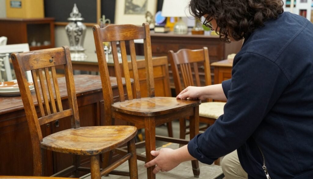 Person browsing vintage furniture at an estate sale