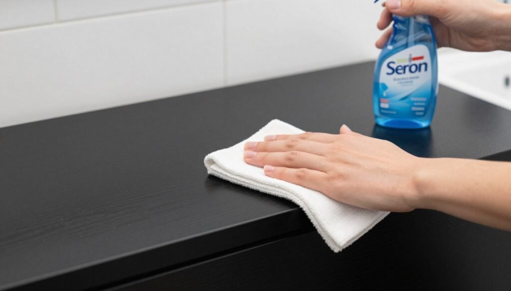 Person cleaning a black bathroom vanity with appropriate cleaning supplies Person cleaning a black bathroom vanity with appropriate cleaning supplies