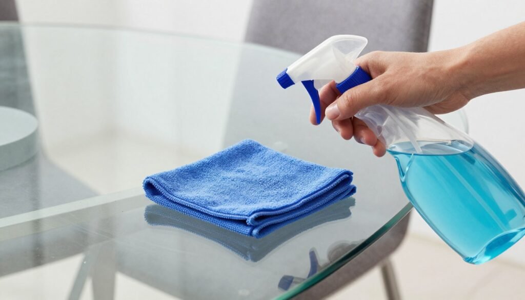 Person cleaning glass dining table with microfiber cloth and proper cleaning solution