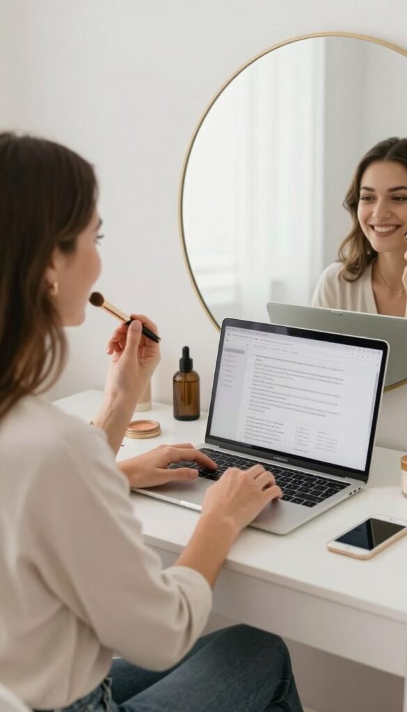 Person enjoying their beautifully designed desk and vanity combo space