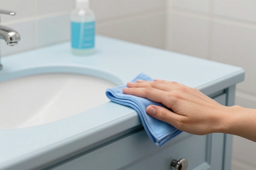 Person gently cleaning a painted bathroom vanity with a soft cloth