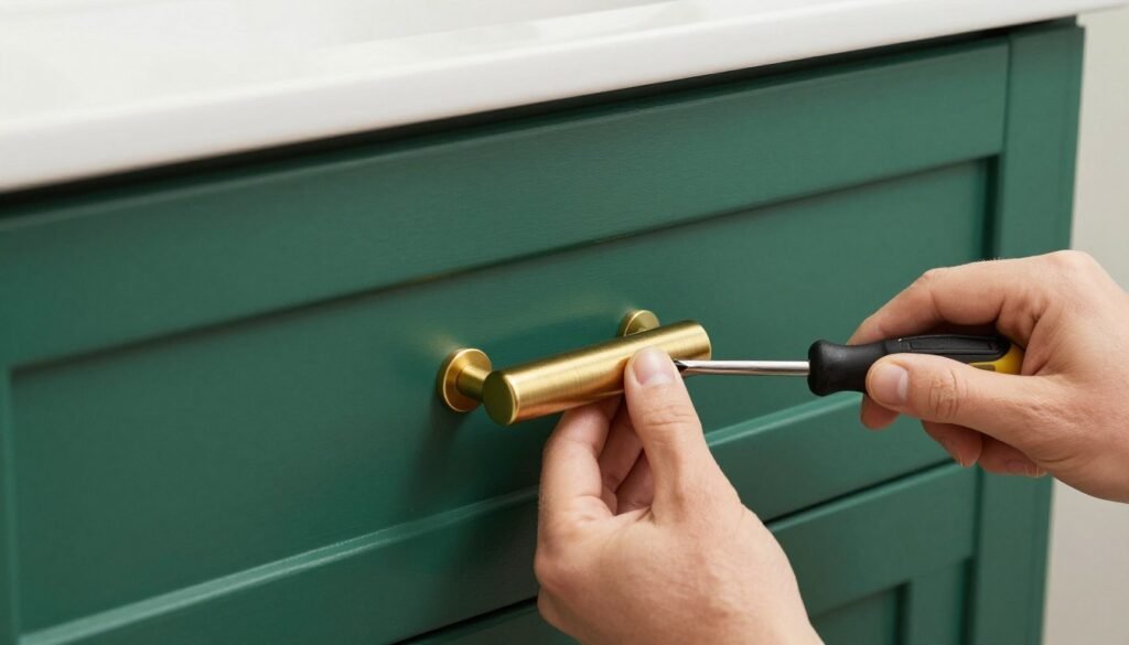 Person installing new hardware on a freshly painted bathroom vanity