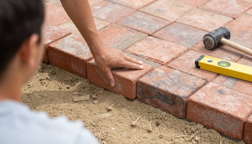 Person laying brick pavers on prepared sand base for patio
