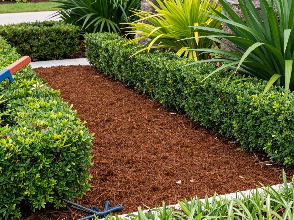 Person maintaining a Florida garden by pruning plants and applying mulch