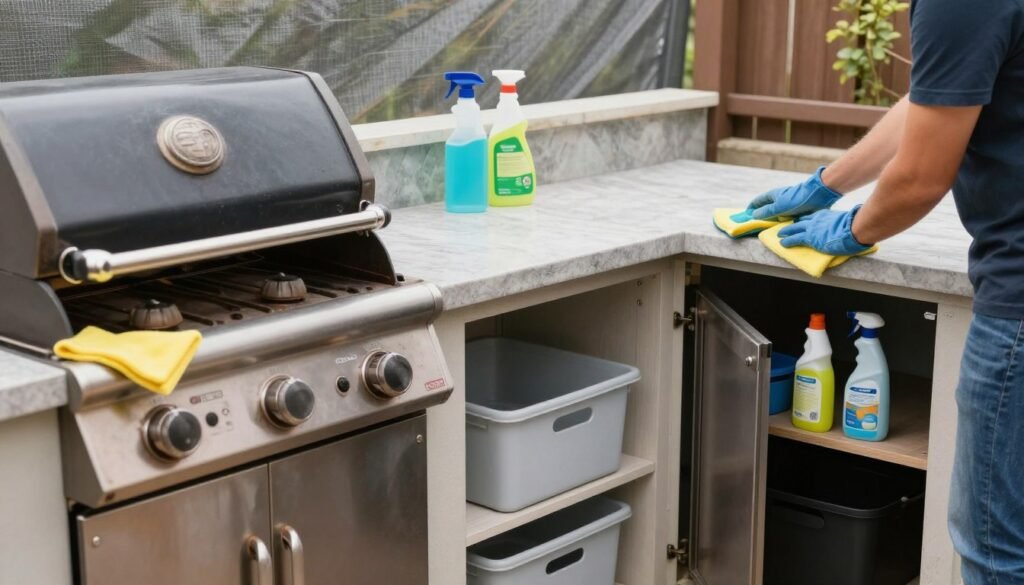 Person maintaining a backyard kitchen by cleaning appliances and surfaces
