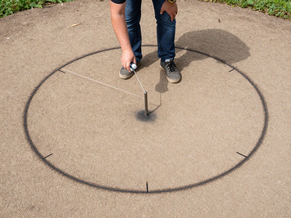Person marking a circular outline for a fire pit using stake, string, and spray paint