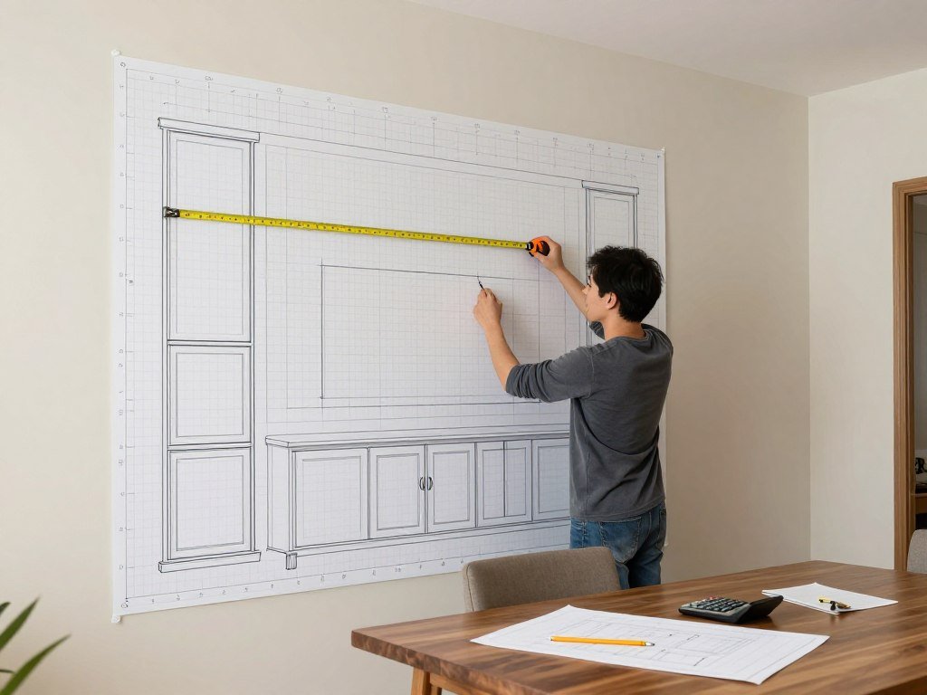Person measuring a dining room wall and sketching design plans for a custom storage wall installation