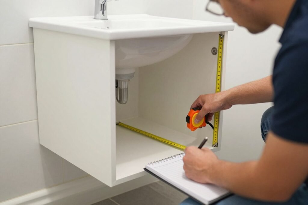 Person measuring a small bathroom space for vanity installation
