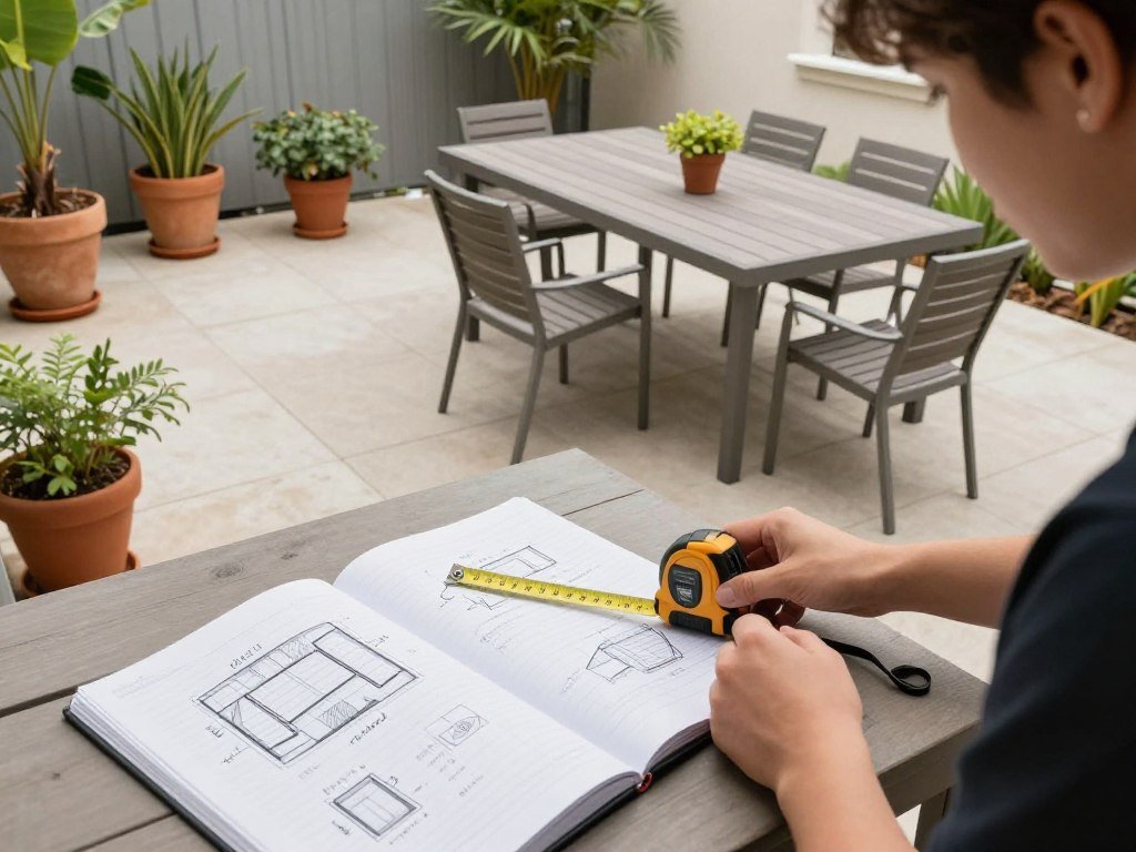 Person measuring an outdoor patio space with measuring tape