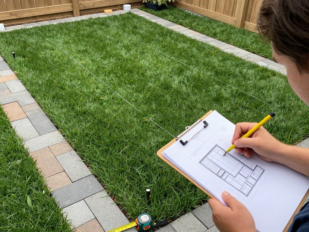 Person measuring and mapping backyard space for turf and paver installation