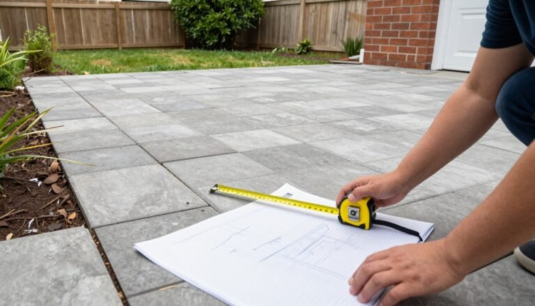 Person measuring and planning a paver patio layout in backyard