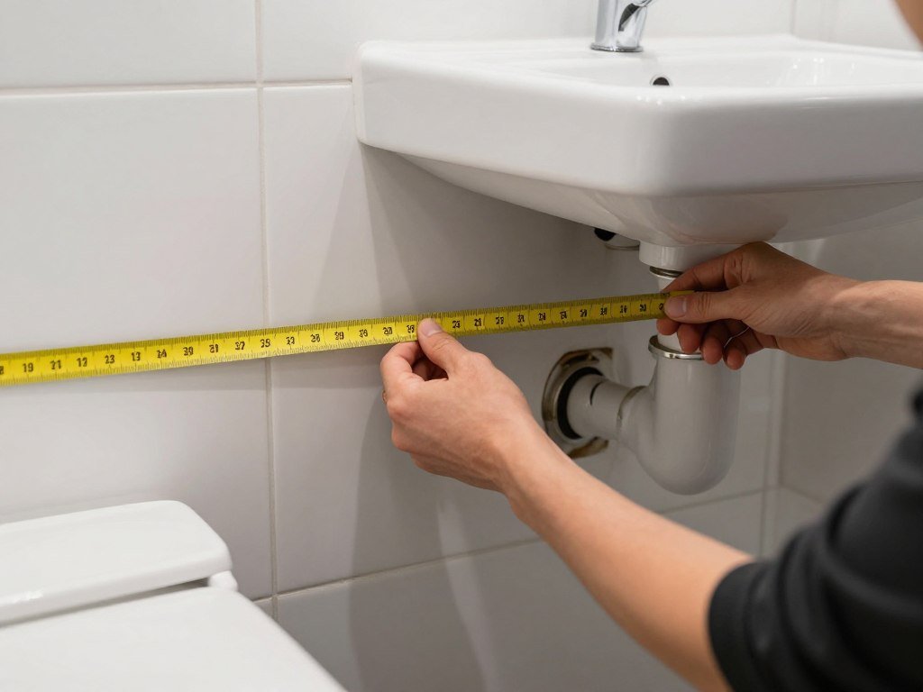 Person measuring bathroom space for DIY bathroom vanity installation