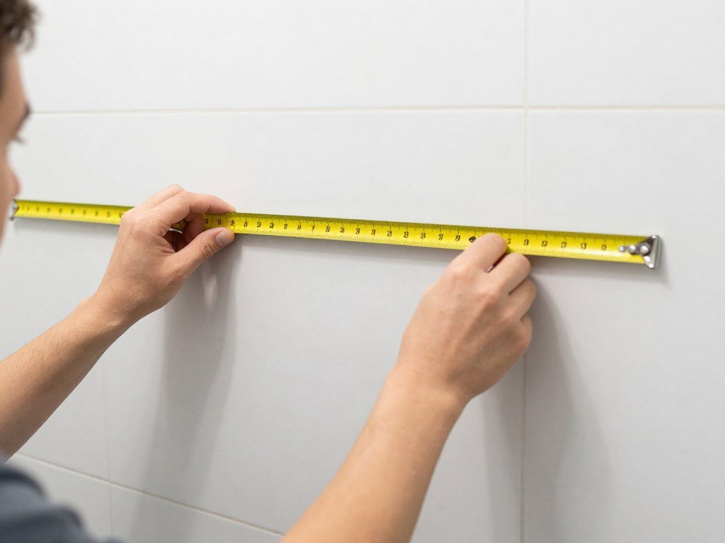 Person measuring bathroom space for floating vanity installation