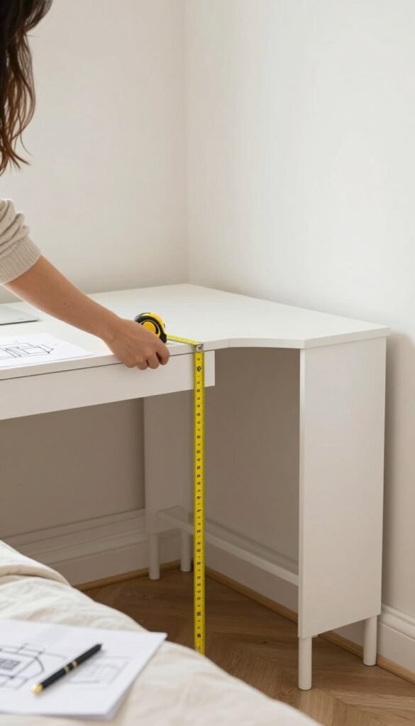 Person measuring space for a desk and vanity combo in a bedroom corner