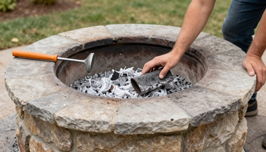 Person performing maintenance on a backyard stone fire pit, cleaning and inspecting the structure