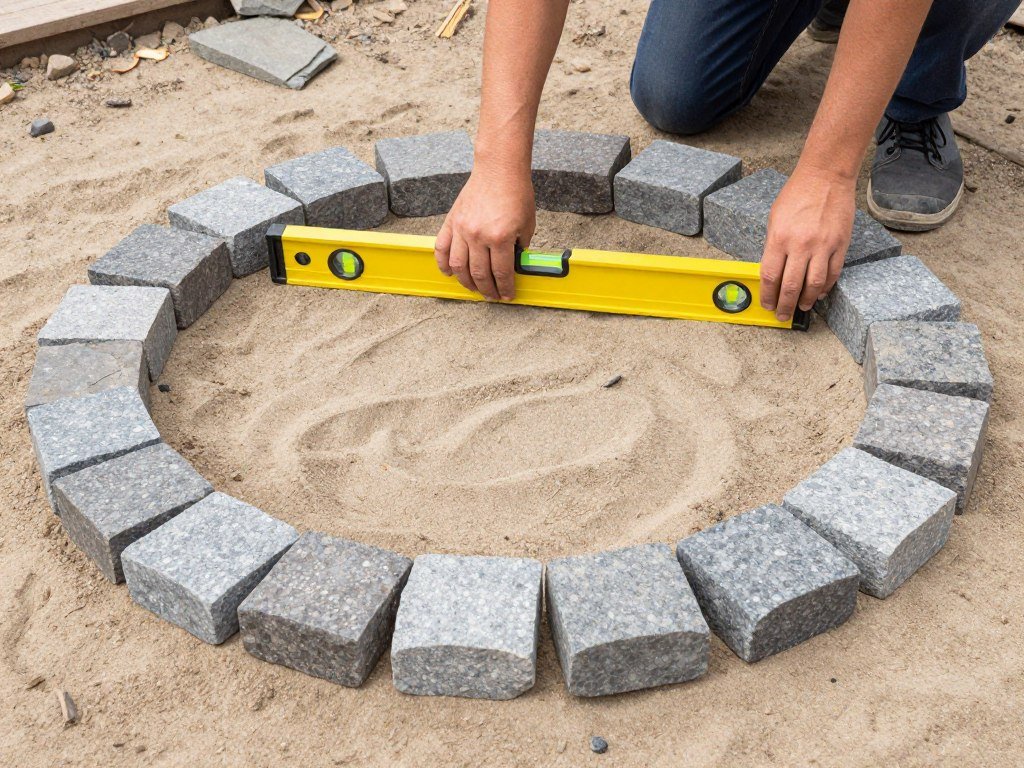 Person placing and leveling the first course of stones for a circular fire pit