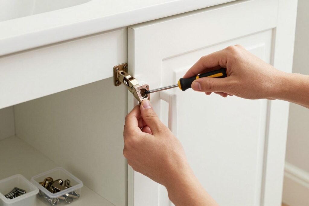 Person removing hardware from bathroom vanity cabinet doors before painting